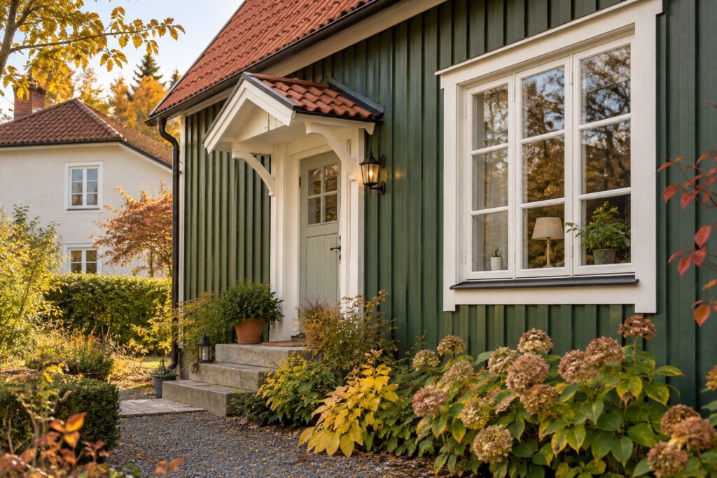En svensk villa med målad träfasad, vita fönster och en höstträdgård.