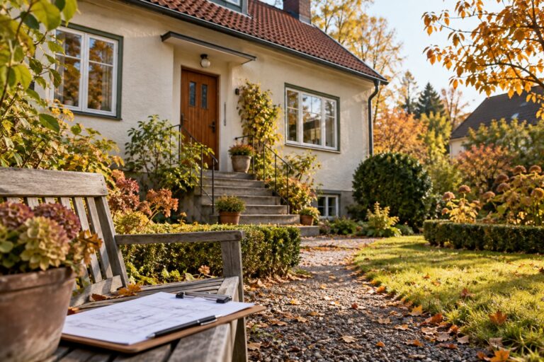 Ett äldre svenskt hus med en skrivplatta för byggnadsbedömning i förgrunden.