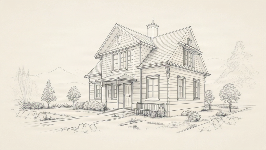 A sketch of a traditional Swedish house on a landscape background.